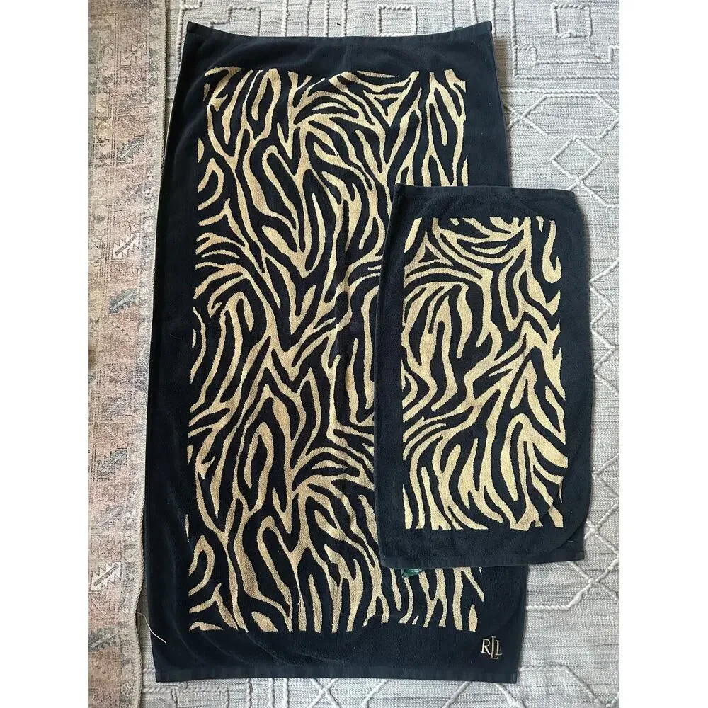 Vintage Lauren Ralph Lauren Zebra Towels bath and hand set 1990 black beige